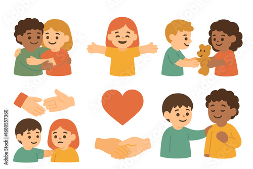 Children's Icon Illustrations. Flat vector mini-illustrations abuse and friendship in colors children's illustrations: group hug,