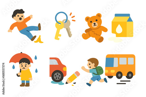 Bad Luck Icons. Flat vector mini-illustrations bad luck scenarios in colors children's illustrations: slipping on banana peel,