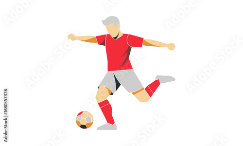 Soccer Player Kicking Ball, Red Jersey, Gray Shorts, Action Pose.