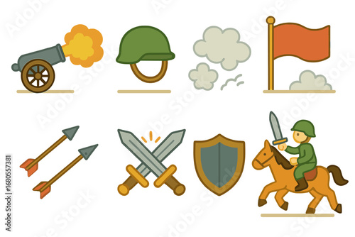 Battle Icons for Kids. Flat vector mini-illustrations battle scenes in colors children's illustrations: cannon firing, soldier