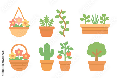 Balcony Plant Icons. Flat vector mini-illustrations balcony plants in colors children's illustrations: hanging flower pot, potted