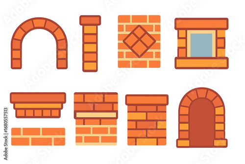 Brick Details for Kids. Flat vector mini-illustrations brick architectural details in colors children's illustrations: archway,
