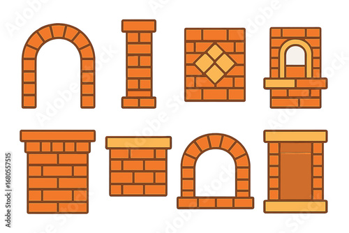 Brick Details for Kids. Flat vector mini-illustrations brick architectural details in colors children's illustrations: archway,
