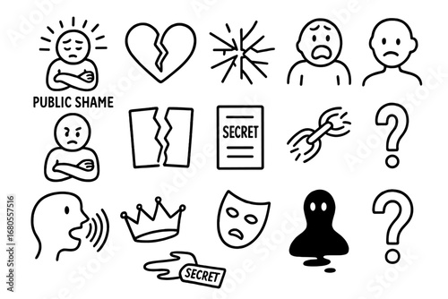 Broken Heart Symbols. Hand-drawn doodle illustration public shame broken heart, shattered glass, crossed arms, torn paper, shocked