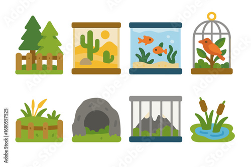 Cage Habitats Grid. Flat vector mini-illustrations cage habitats in colors children's illustrations: forest enclosure, desert