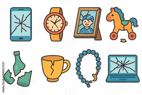 Broken Objects Grid. Flat vector mini-illustrations shattered glass and broken objects in colors children's illustrations: broken