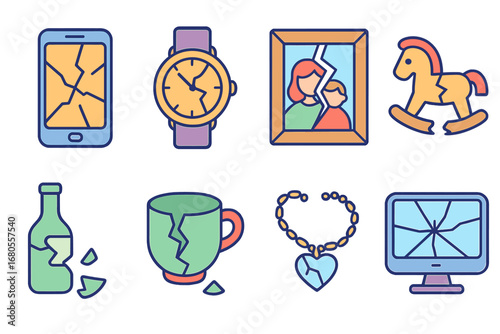 Broken Objects Grid. Flat vector mini-illustrations shattered glass and broken objects in colors children's illustrations: broken