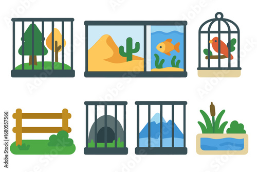 Cage Habitats Grid. Flat vector mini-illustrations cage habitats in colors children's illustrations: forest enclosure, desert