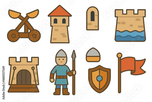 Castle Defense Icons. Flat vector mini-illustrations castle defense in colors children's illustrations: catapult, watchtower,