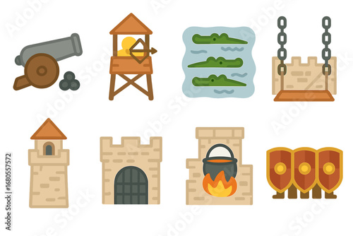 Castle Defense Icons. Flat vector mini-illustrations castle defenses in colors children's illustrations: cannons, archery tower,