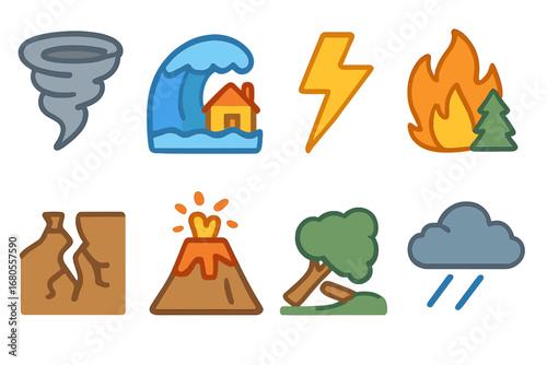 Children's Natural Hazard Icons. Flat vector mini-illustrations natural hazard in colors children's illustrations: tornado, flood