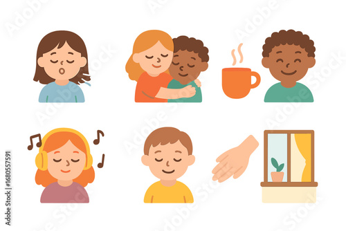 Calming Icon Set. Flat vector mini-illustrations calming after scream in colors children's illustrations: deep breath, comforting