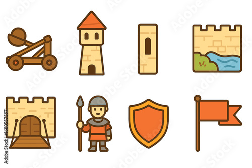 Castle Defense Icons. Flat vector mini-illustrations castle defense in colors children's illustrations: catapult, watchtower,