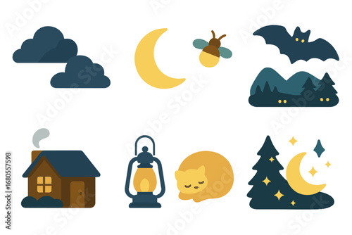 Children's Nocturnal Icons. Flat vector mini-illustrations night sky new moon in colors children's illustrations: dark clouds,