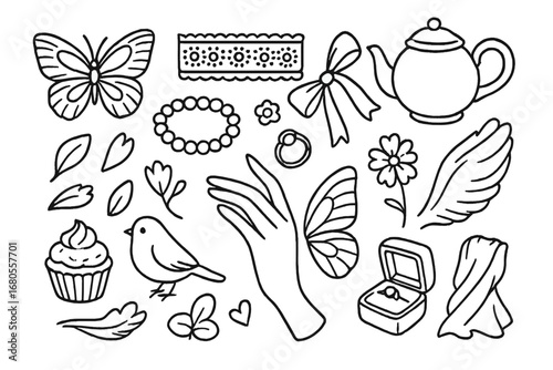 Charming Doodle Icons. Hand-drawn doodle illustration charming details butterfly, lace, pearl bracelet, teapot, ribbon bow, dainty