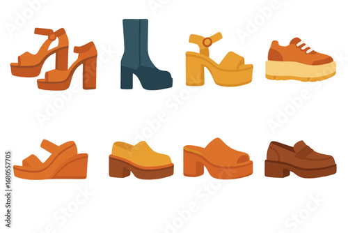 Children's Platform Shoe Icons. Flat vector mini-illustrations shoe store in colors children's illustrations: shoe rack, fitting