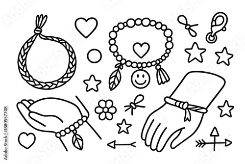 Charming Bracelet Doodles. Hand-drawn doodle illustration friendship bracelet woven bracelet, beads, knot, heart charm, string,