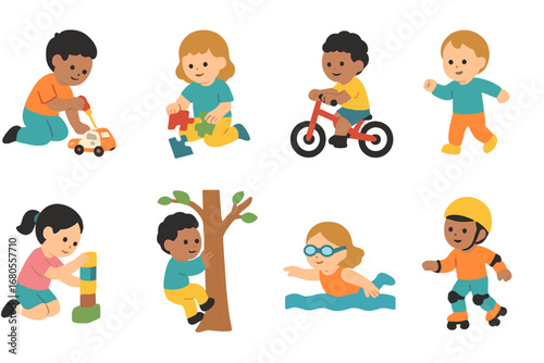 Children's Perseverance Icons. Flat vector mini-illustrations perseverance in colors children's illustrations: child fixing toy,