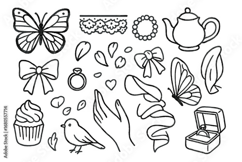 Charming Doodle Icons. Hand-drawn doodle illustration charming details butterfly, lace, pearl bracelet, teapot, ribbon bow, dainty