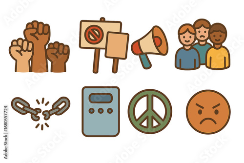Children's Protest Icons. Flat vector mini-illustrations injustice and protest in colors children's illustrations: raised fists,