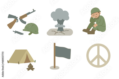Children's Post-War Icons. Flat vector mini-illustrations war aftermath in colors children's illustrations: broken weapons, fallen