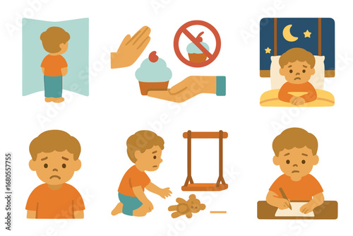 Child Punishment Icons. Flat vector mini-illustrations child punishments in colors children's illustrations: timeout corner, no