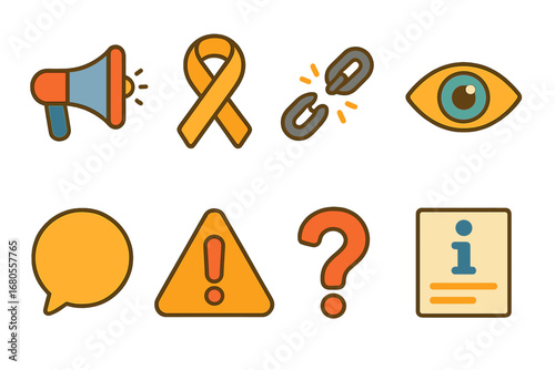 Children's Protest Icons. Flat vector mini-illustrations injustice and protest in colors children's illustrations: raised fists,