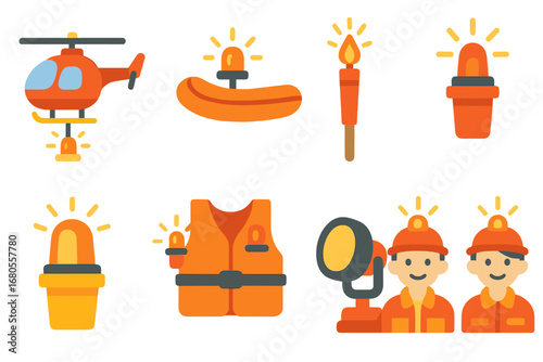 Children's Rescue Icons. Flat vector mini-illustrations beacon in rescue operations in colors children's illustrations: rescue