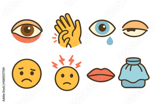 Child-Friendly Pain Icons. Flat vector mini-illustrations eyes and pain in colors children's illustrations: red irritated eye,