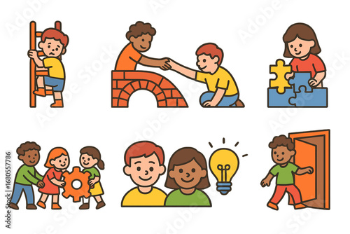 Children's Resilience Icons. Flat vector mini-illustrations helplessness and resilience in colors children's illustrations: