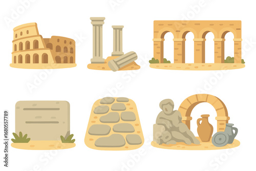 Children's Ruins Illustrations. Flat vector mini-illustrations historical ruins in colors children's illustrations: Roman