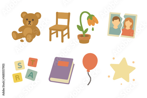 Childhood Emotions Icons. Flat vector mini-illustrations emotional pain causes in colors children's illustrations: broken toy,