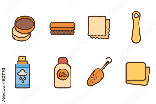 Children's Shoe Care Icons. Flat vector mini-illustrations shoe care in colors children's illustrations: shoe polish, brush,