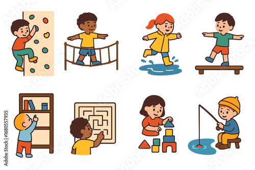 Children's Adventure Icons. Flat vector mini-illustrations challenges in colors children's illustrations: child climbing wall, kid