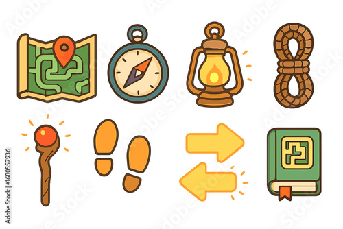 Children's Adventure Tools. Flat vector mini-illustrations labyrinth navigation tools in colors children's illustrations: map,
