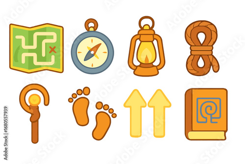 Children's Adventure Tools. Flat vector mini-illustrations labyrinth navigation tools in colors children's illustrations: map,