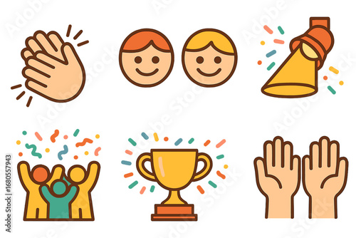Children's Applause Celebration. Flat vector mini-illustrations clapping in colors children's illustrations: clapping hands,