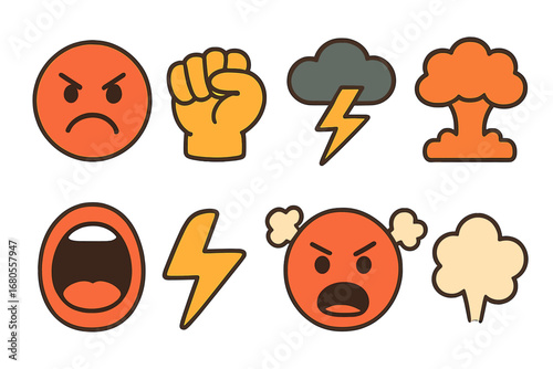 Children's Anger Icons. Flat vector mini-illustrations angry yell in colors children's illustrations: angry face, clenched fist,