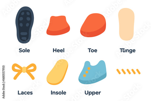 Children's Shoe Parts. Flat vector mini-illustrations left shoe parts in colors children's illustrations: left sole, left heel,