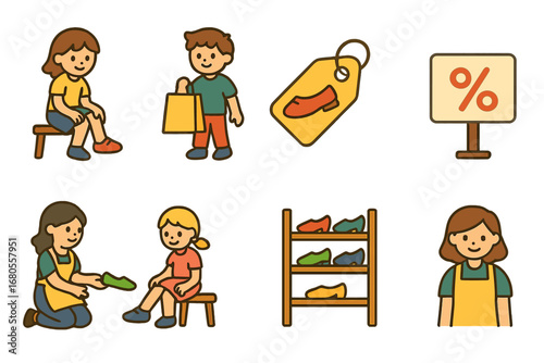 Children's Shoe Shopping Icons. Flat vector mini-illustrations shoe shopping in colors children's illustrations: trying shoes,