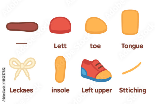 Children's Shoe Parts. Flat vector mini-illustrations left shoe parts in colors children's illustrations: left sole, left heel,