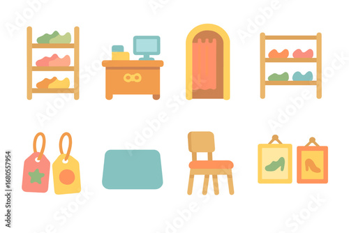 Children's Shoe Shop Layout. Flat vector mini-illustrations shoe shop interior in colors children's illustrations: display stand,