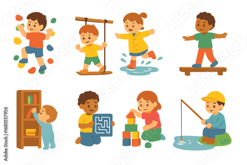 Children's Adventure Icons. Flat vector mini-illustrations challenges in colors children's illustrations: child climbing wall, kid