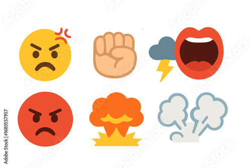 Children's Anger Icons. Flat vector mini-illustrations angry yell in colors children's illustrations: angry face, clenched fist,
