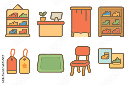 Children's Shoe Shop Layout. Flat vector mini-illustrations shoe shop interior in colors children's illustrations: display stand,