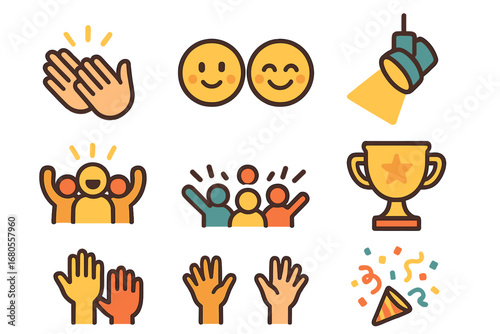 Children's Applause Celebration. Flat vector mini-illustrations clapping in colors children's illustrations: clapping hands,