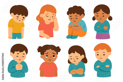 Children's Sorrow Illustrations. Flat vector mini-illustrations sorrow gestures in colors children's illustrations: bowed head,