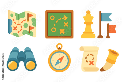 Children's Battle Tactics. Flat vector mini-illustrations battle tactics in colors children's illustrations: map, strategy board,