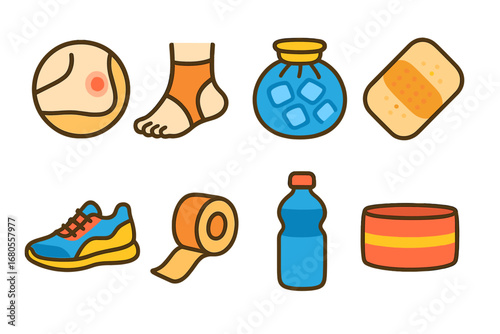 Children's Sports Injuries Icons. Flat vector mini-illustrations sports injuries in colors children's illustrations: blister,