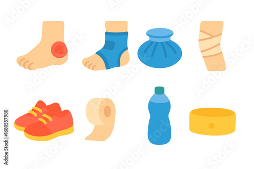 Children's Sports Injuries Icons. Flat vector mini-illustrations sports injuries in colors children's illustrations: blister,